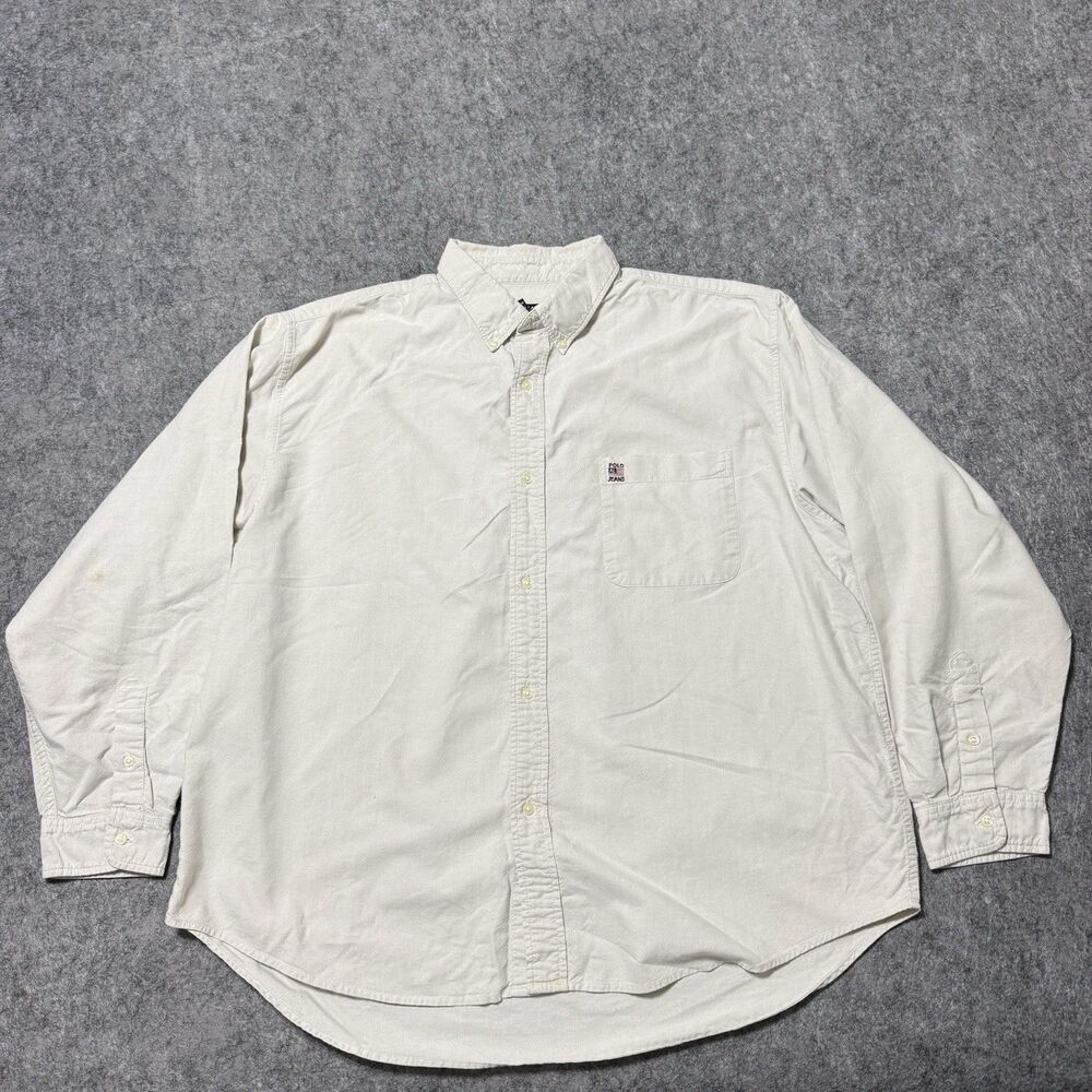 VTG Ralph Lauren Jeans Co Shirt Mens XL Beige Flag Patch Y2K Baggy Long Sleeve